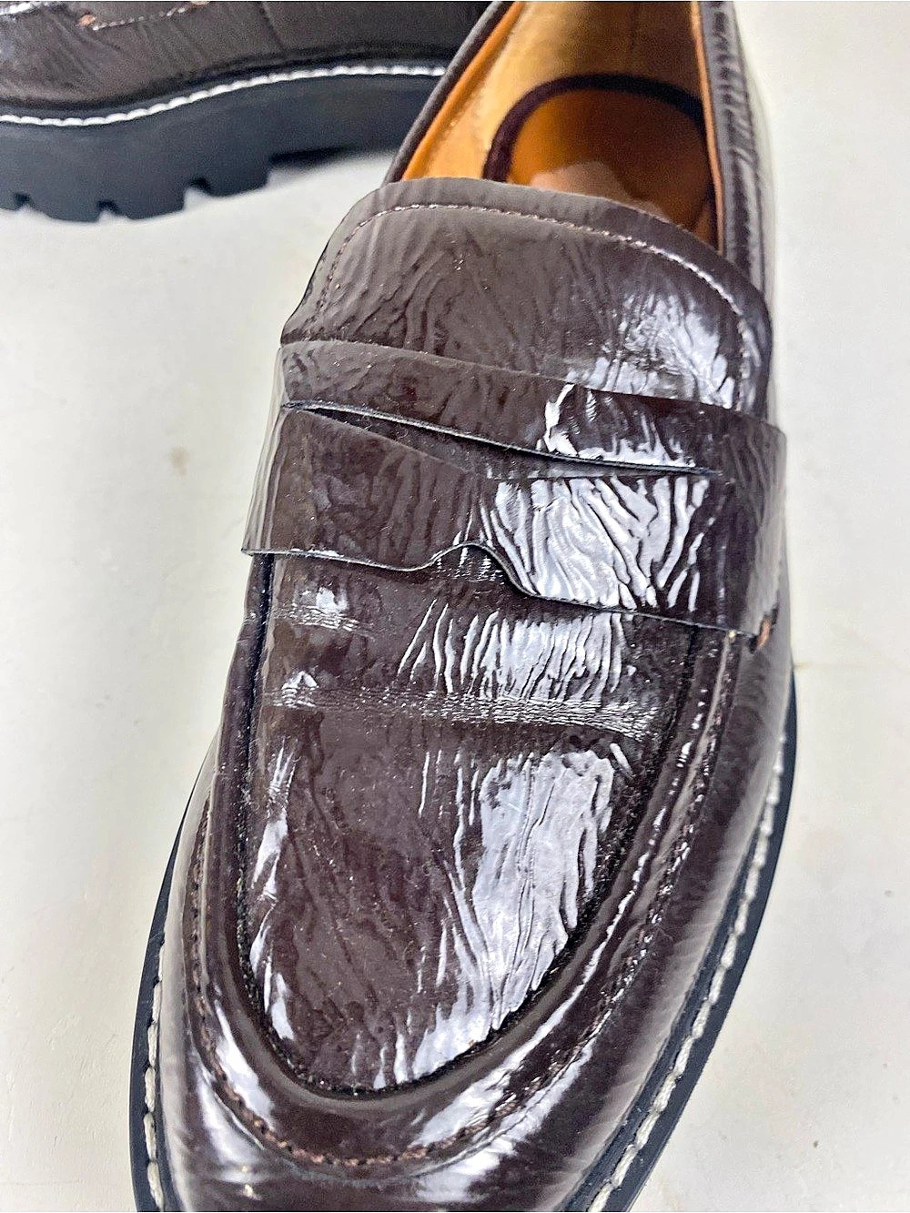 Franco Sarto Brown Lug Sole Loafers Size 7
Area Of Pealing On Insole - Picture 7 of 14